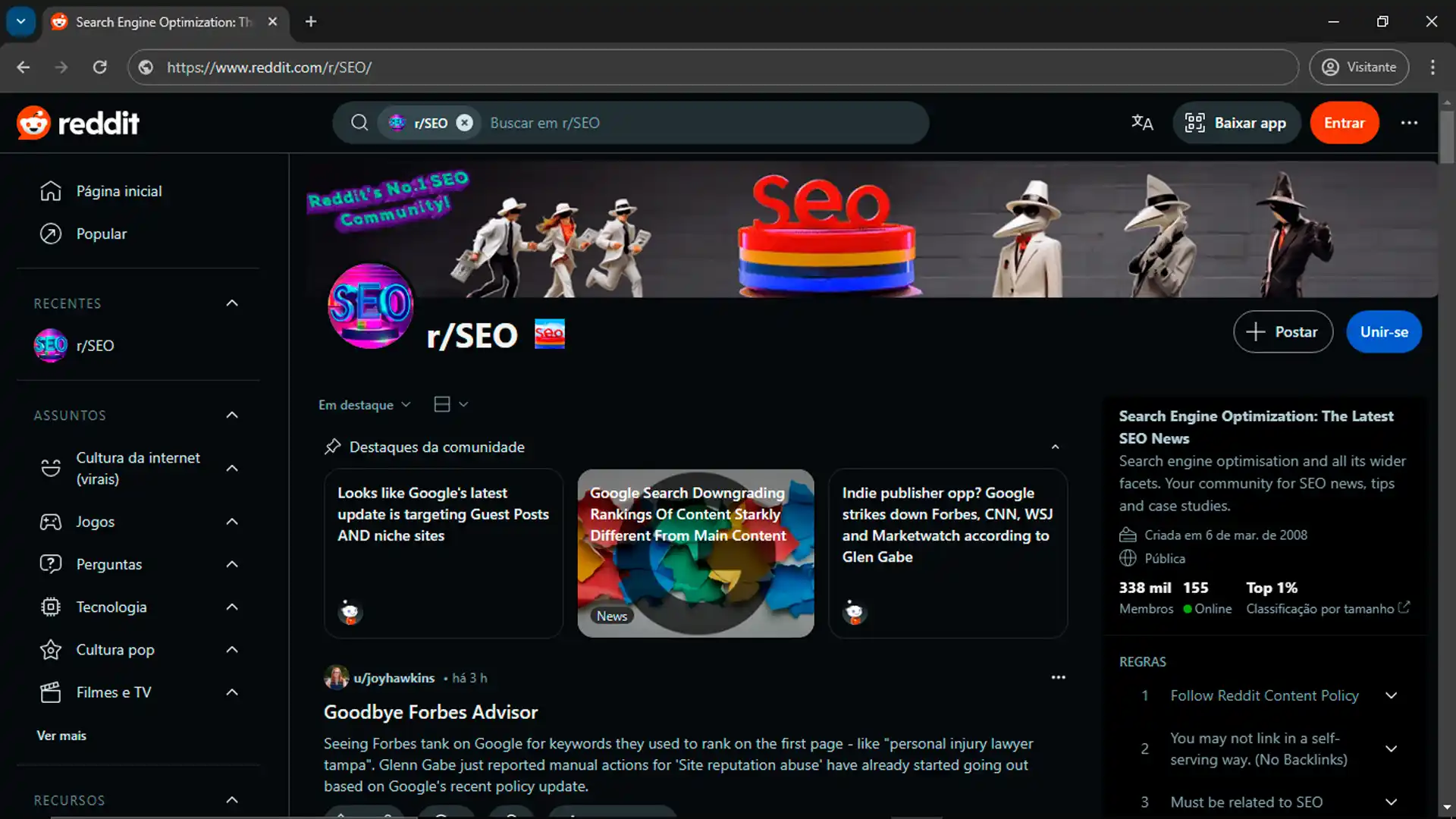 Uma captura de tela da página inicial do subreddit r/SEO