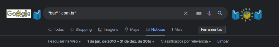 Foto da barra de pesquisa do Google escrito "bar" ".com.br" na sessão de notícias para exemplificar.