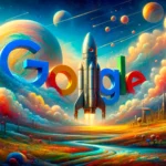 Uma image surrealista com a logo do Google atrás de um foguete, em um campo com flores coloridas e nuvens. Ao céu é possível ver planetas, destacando uma harmonia entre natureza e tecnologia.