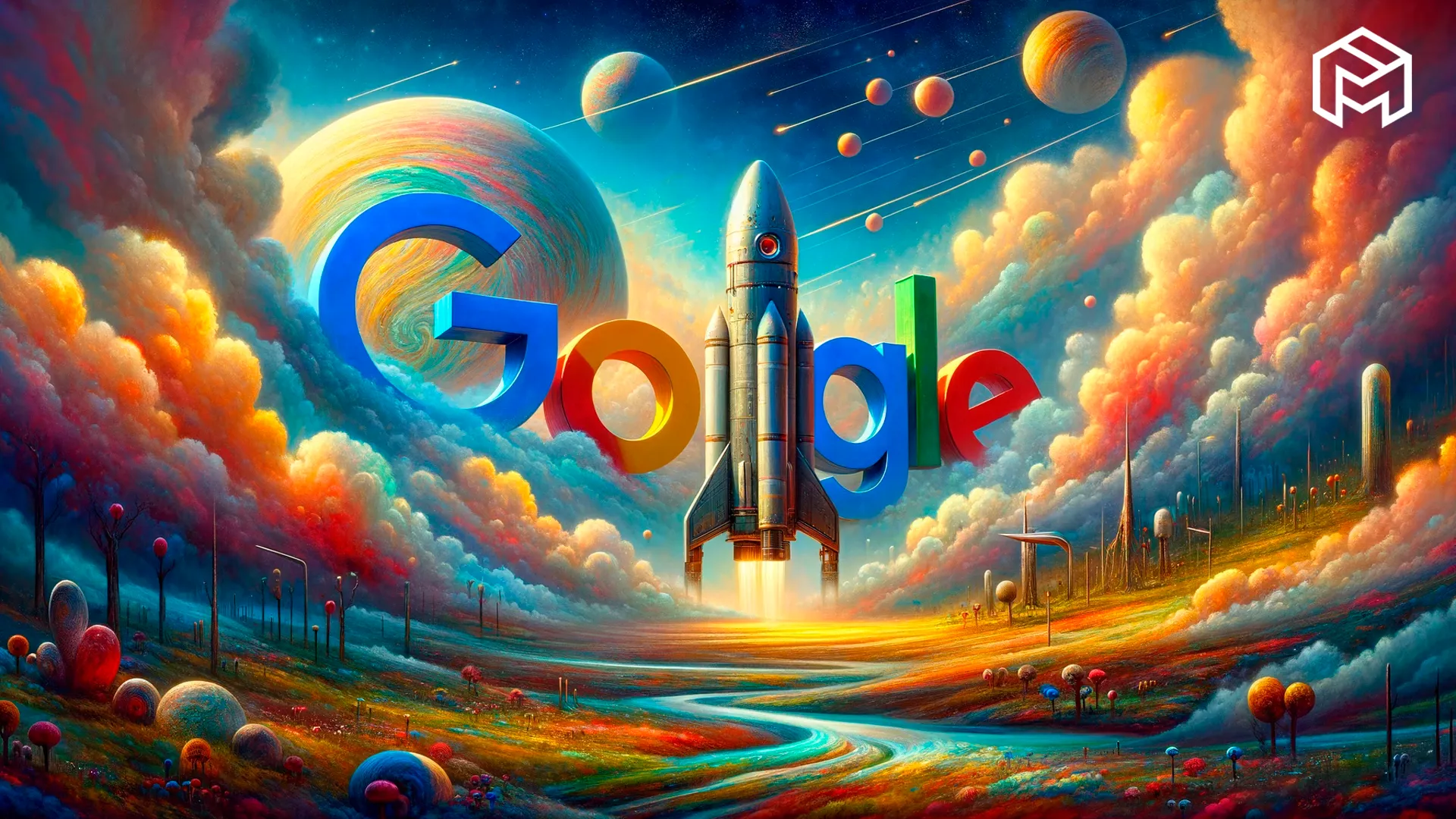 Uma image surrealista com a logo do Google atrás de um foguete, em um campo com flores coloridas e nuvens. Ao céu é possível ver planetas, destacando uma harmonia entre natureza e tecnologia.