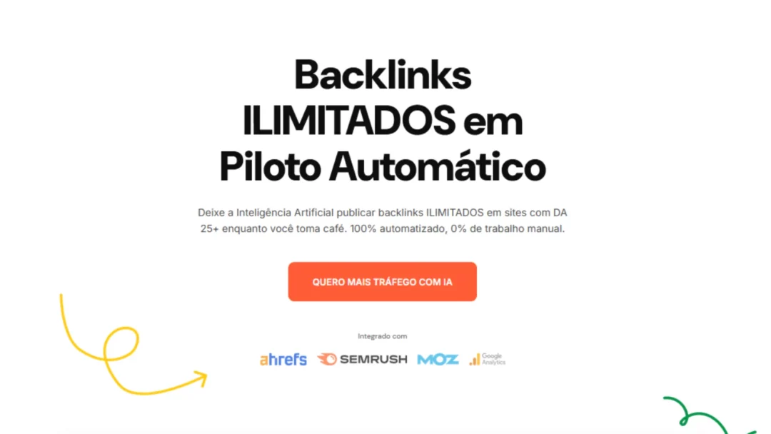 Site oficial do 8Links mostrando integração com SEMrush, Moz, Ahrefs e Google Analytics
