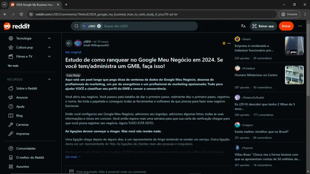 Captura de tela de uma postagem do subreddit r/SEO de um estudo de caso de SEO para Google Meu Negócio